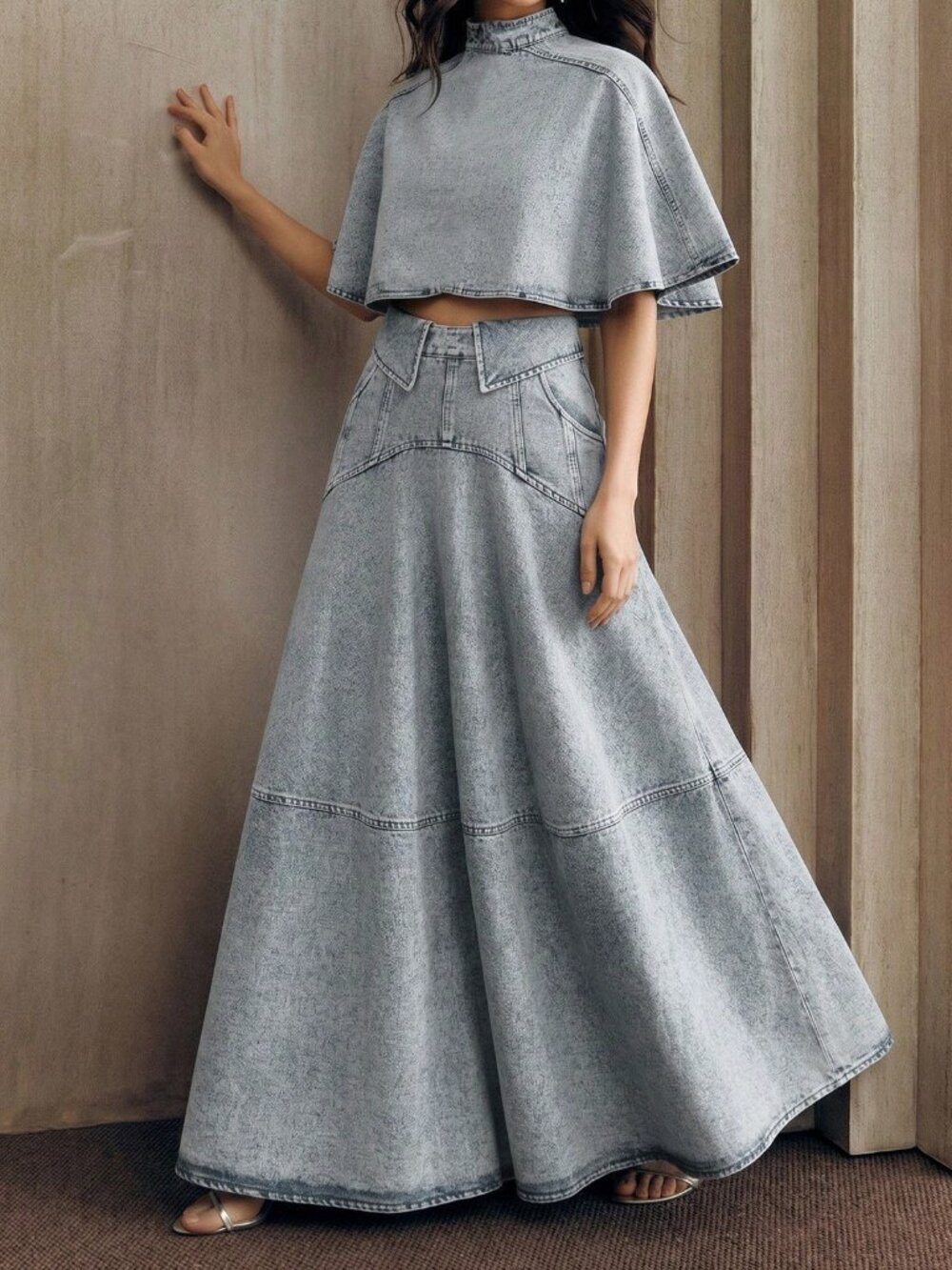 Blue Elegant Women's Peplum Hem Skirt & Short Sleeve Denim Cape Set - Picture 5 of 7